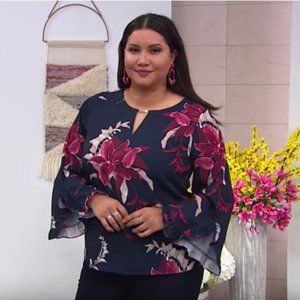 DG2 by Diane Gilman Floral Keyhole Ruffle Sleeve Blouse